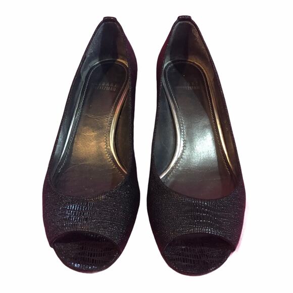 Stuart Weitzman Tofu Peep Toe Wedge Black 8.5 EUC - Picture 2 of 11